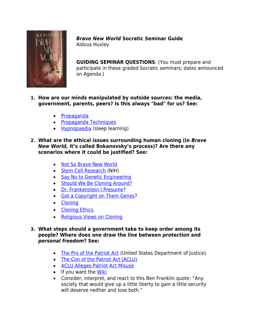 Brave New World Socratic Seminar Guide