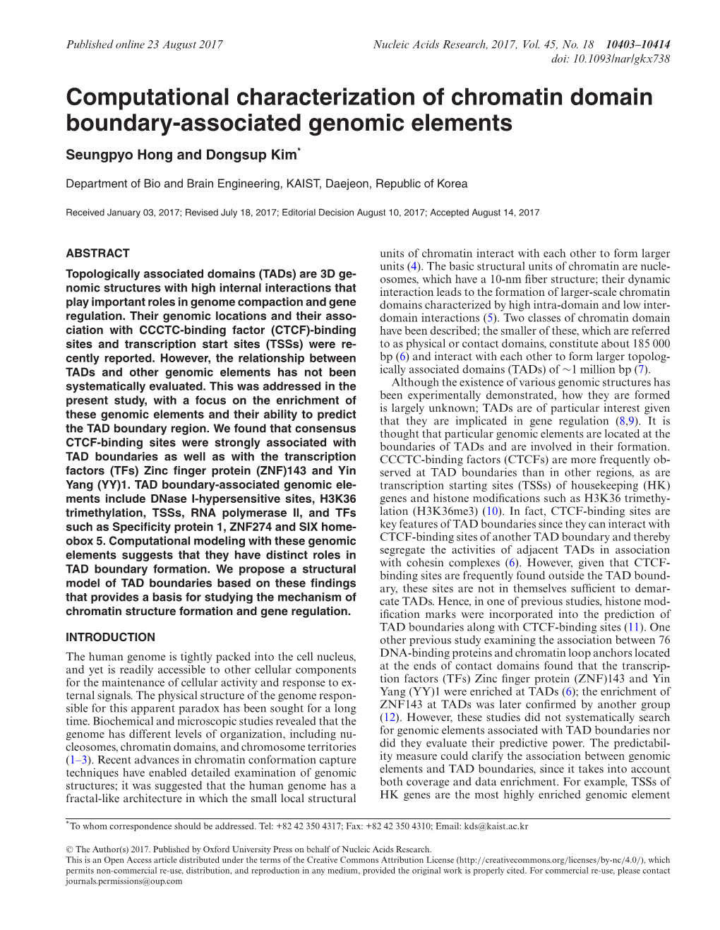 Computational Characterization of Chromatin Domain Boundary-Associated Genomic Elements Seungpyo Hong and Dongsup Kim*