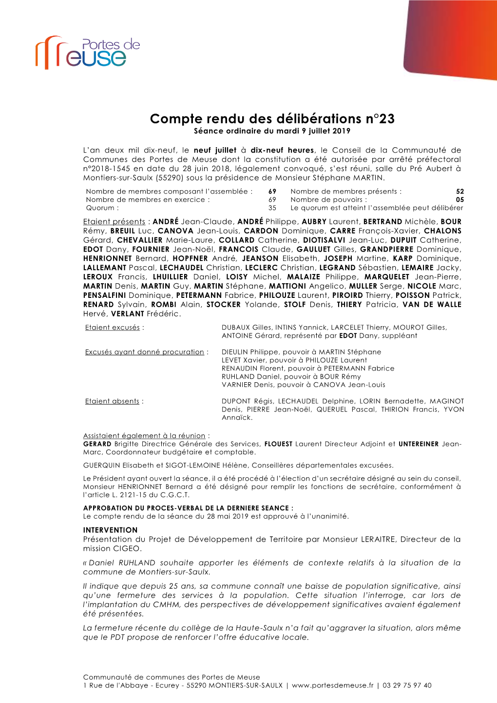 Compte Rendu Des Délibérations N°23 Séance Ordinaire Du Mardi 9 Juillet 2019