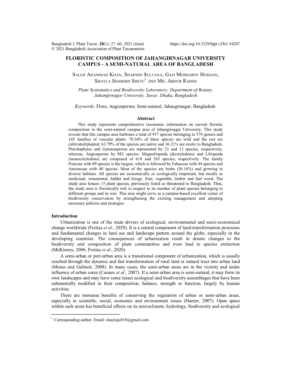 Floristic Composition of Jahangirnagar University Campus - a Semi-Natural Area of Bangladesh