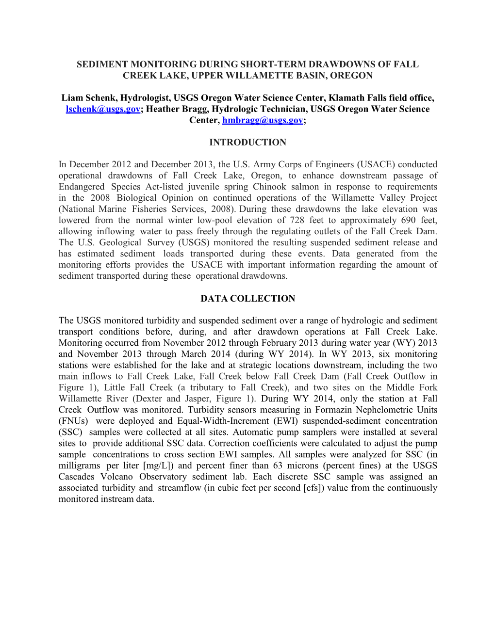 Sediment Monitoring During Short-Term Drawdowns of Fall Creek Lake, Upper Willamette Basin, Oregon