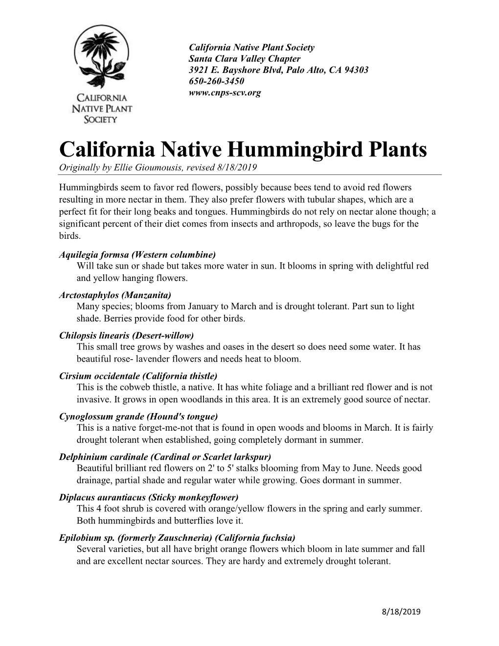 California Native Hummingbird Plants Originally by Ellie Gioumousis, Revised 8/18/2019