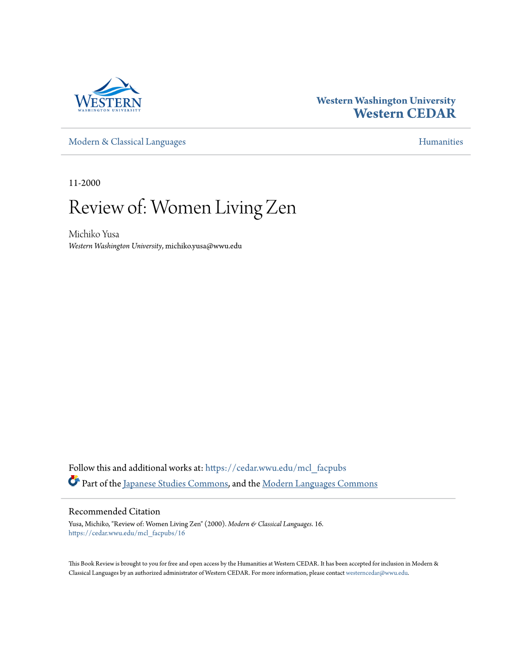 Women Living Zen Michiko Yusa Western Washington University, Michiko.Yusa@Wwu.Edu