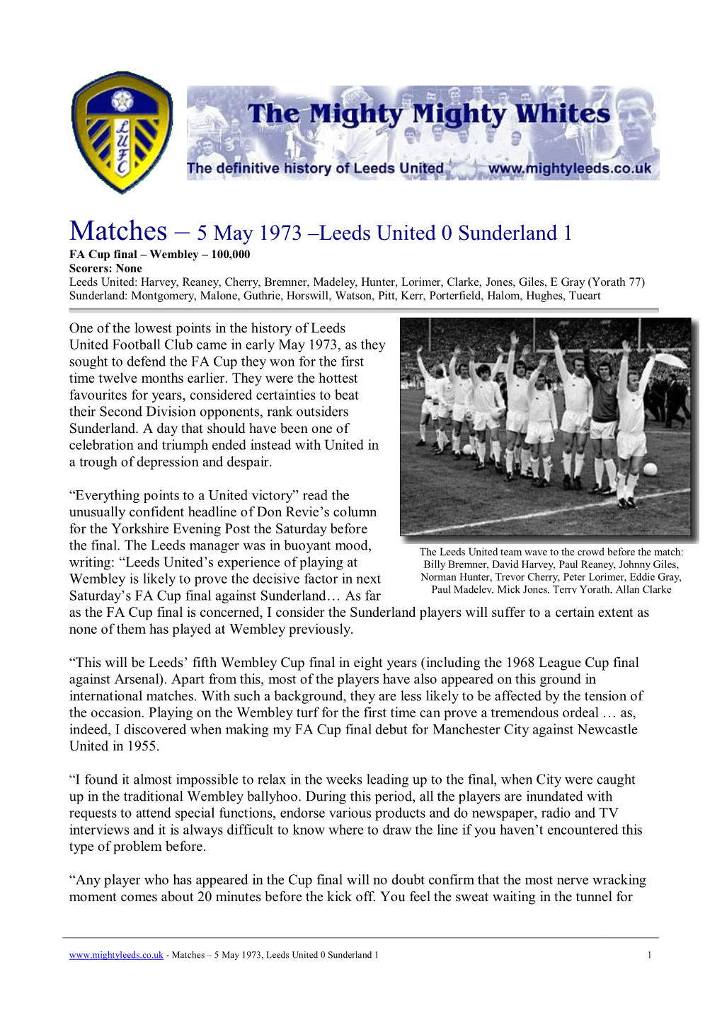 Matches – 5 May 1973 –Leeds United 0 Sunderland 1