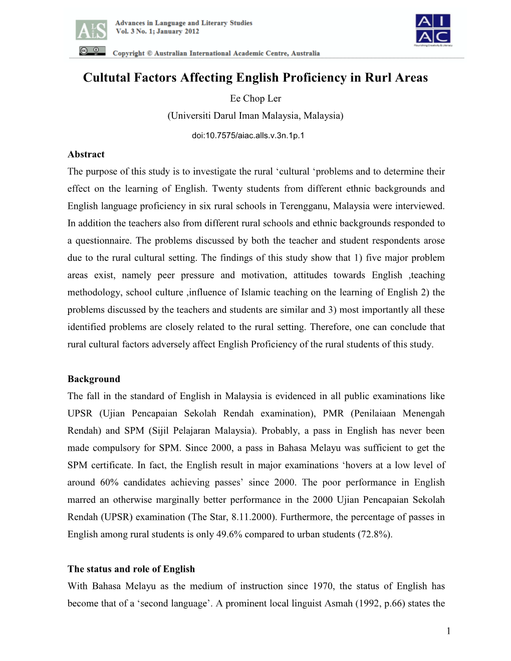 Cultutal Factors Affecting English Proficiency in Rural Areas