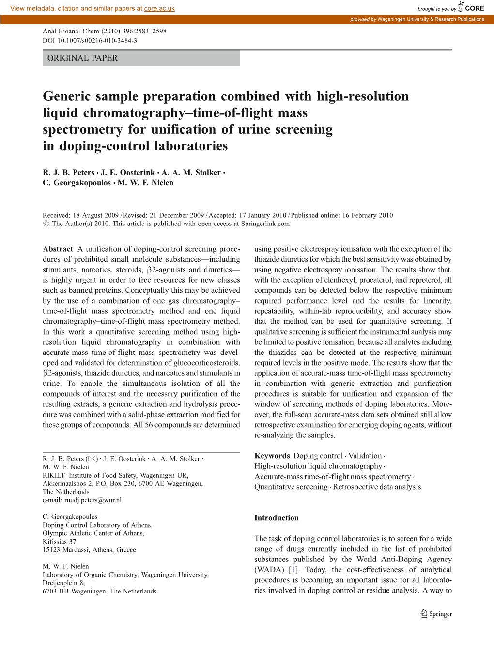 Generic Sample Preparation Combined with High-Resolution Liquid Chromatography–Time-Of-Flight Mass Spectrometry for Unificatio