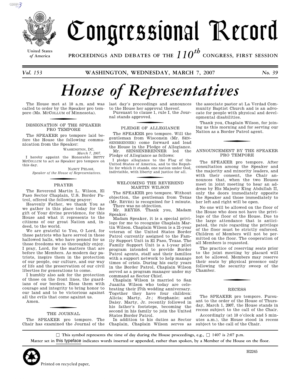 Congressional Record United States Th of America PROCEEDINGS and DEBATES of the 110 CONGRESS, FIRST SESSION