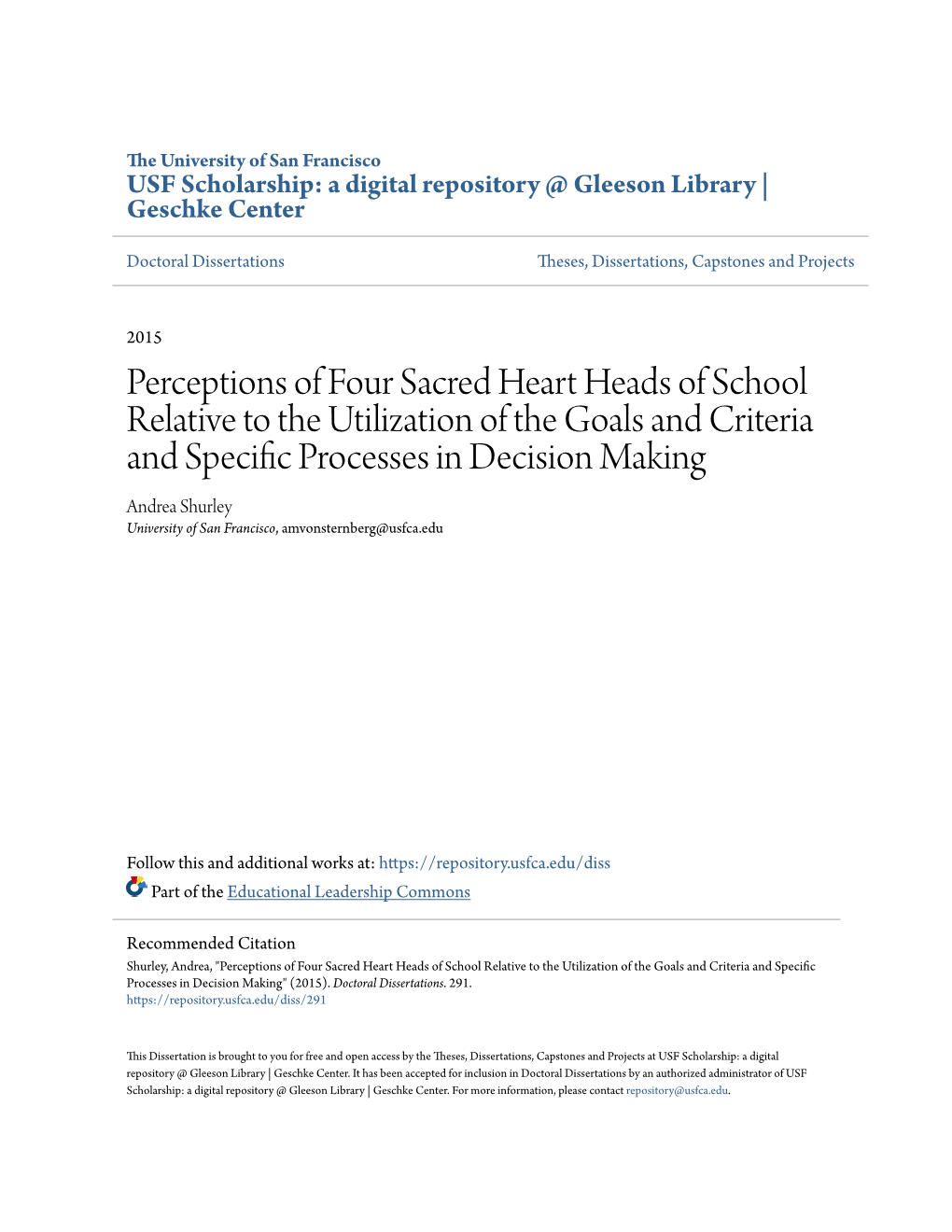 Perceptions of Four Sacred Heart Heads of School Relative to The