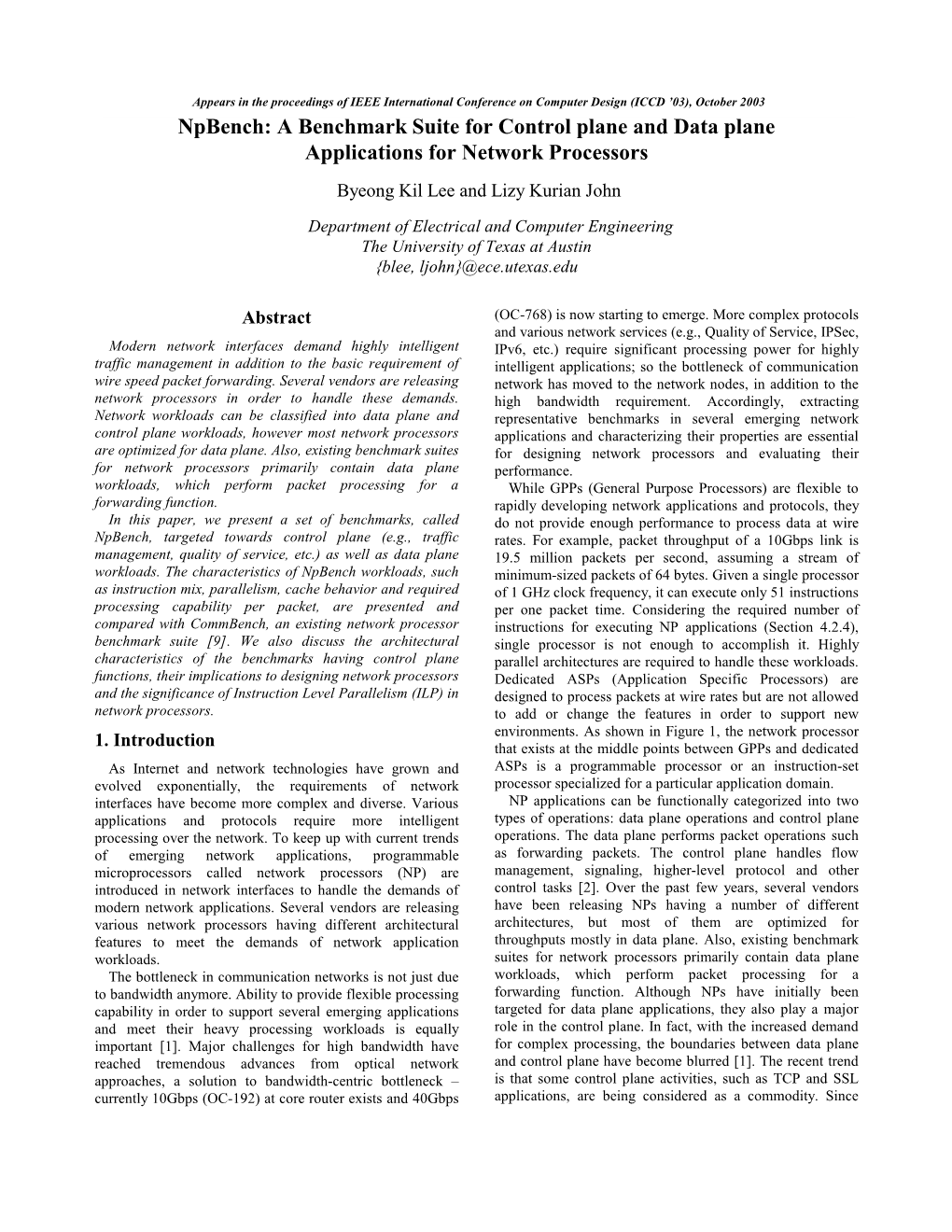 A Benchmark Suite for Control Plane and Data Plane Applications for Network Processors