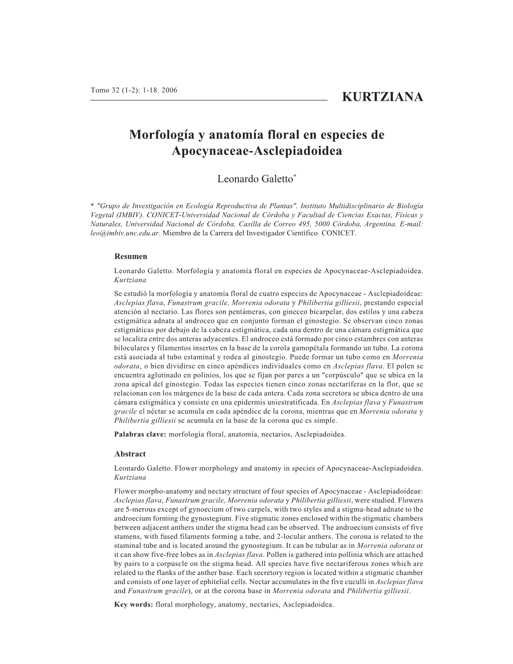 KURTZIANA Morfología Y Anatomía Floral En Especies De Apocynaceae