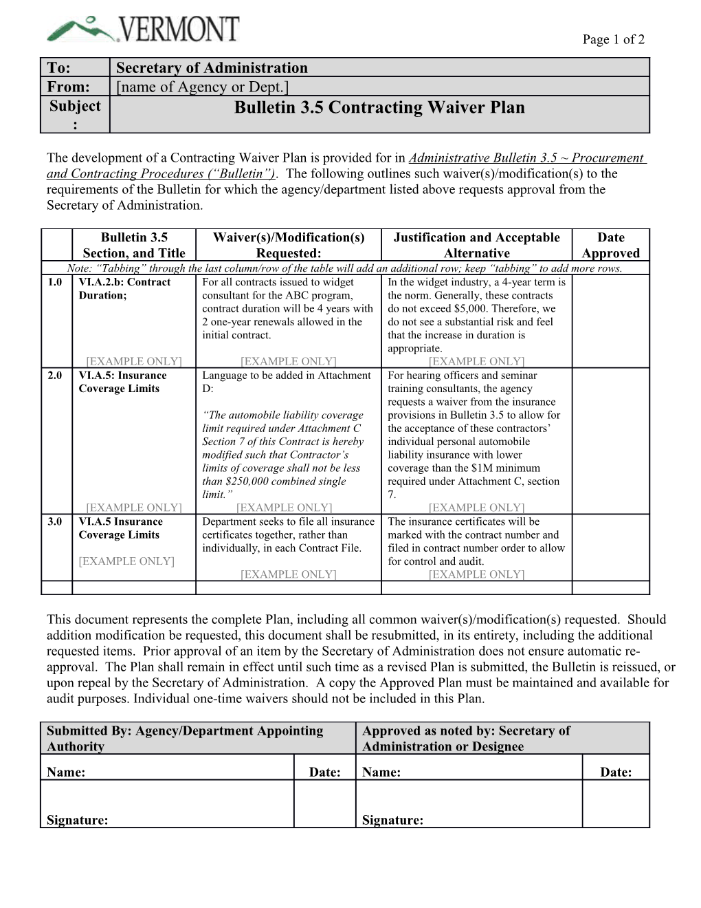 The Development of a Contracting Waiver Plan Is Provided for in Administrative Bulletin