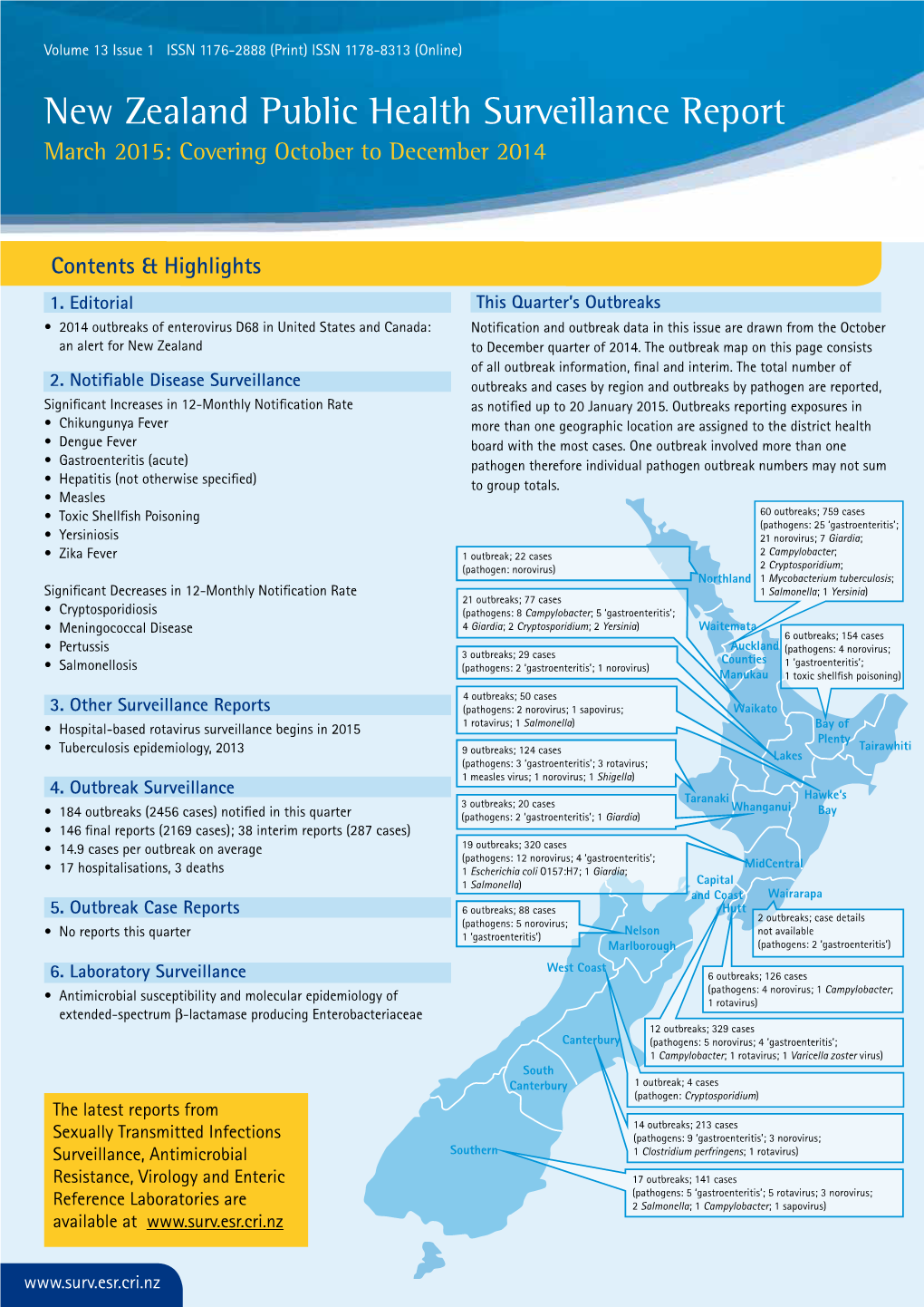 New Zealand Public Health Surveillance Report March 2015: Covering October to December 2014