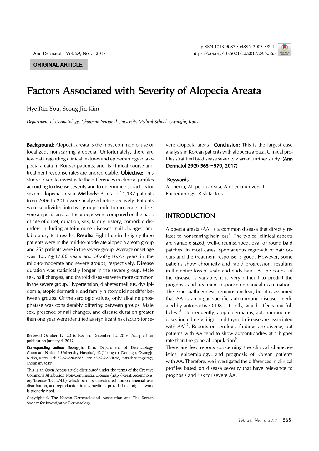 Factors Associated with Severity of Alopecia Areata