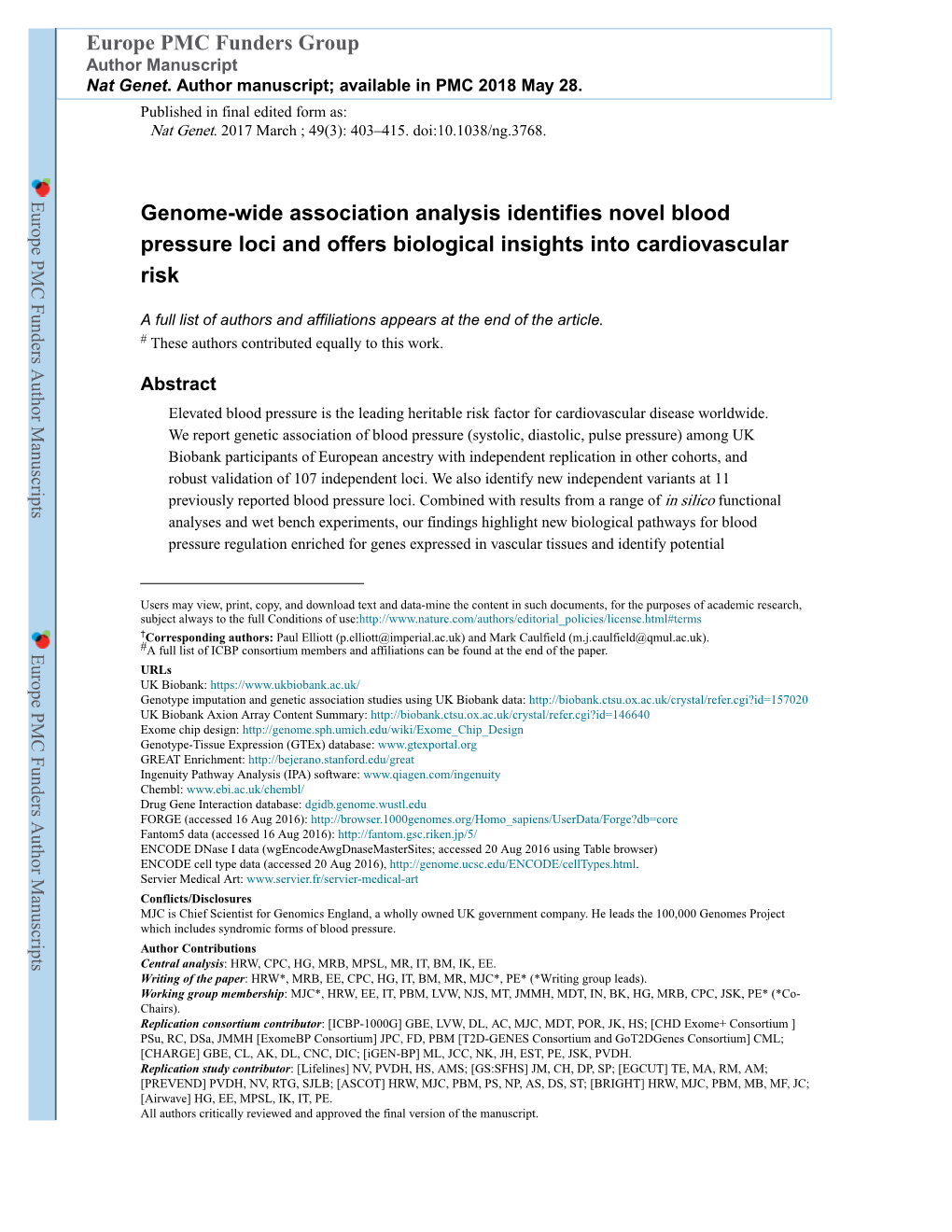 Genome-Wide Association Analysis Identifies Novel Blood Pressure Loci and Offers Biological Insights Into Cardiovascular Risk