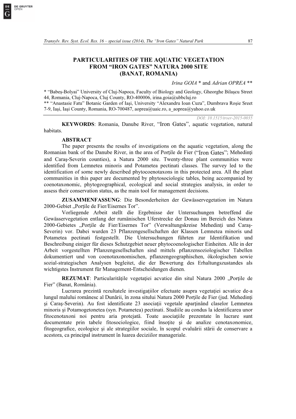 Particularities of the Aquatic Vegetation from “Iron Gates” Natura 2000 Site (Banat, Romania)