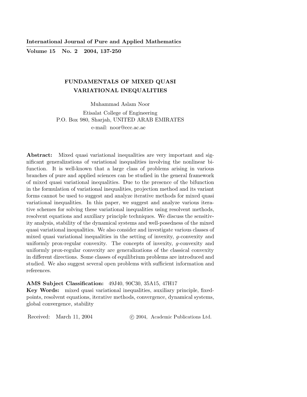 International Journal of Pure and Applied Mathematics ————————————————————————– Volume 15 No