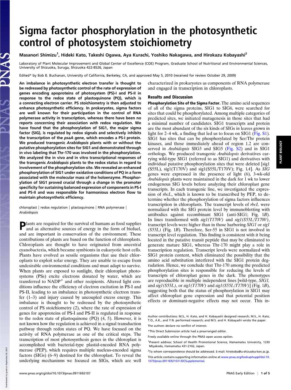 Sigma Factor Phosphorylation in the Photosynthetic Control of Photosystem Stoichiometry