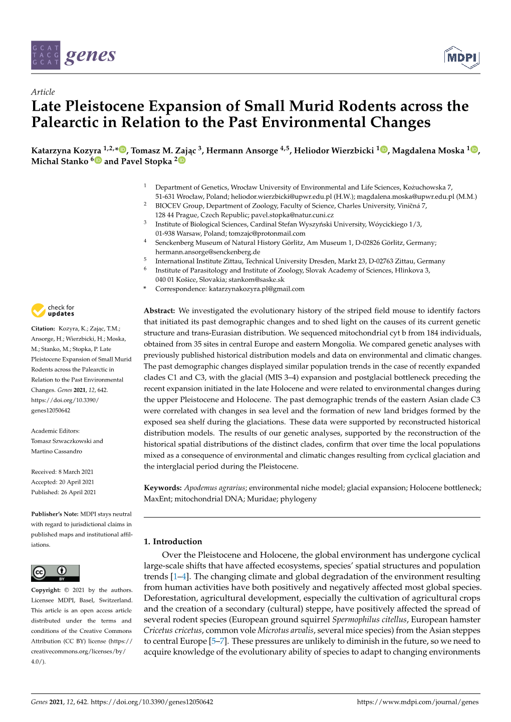 Late Pleistocene Expansion of Small Murid Rodents Across the Palearctic in Relation to the Past Environmental Changes