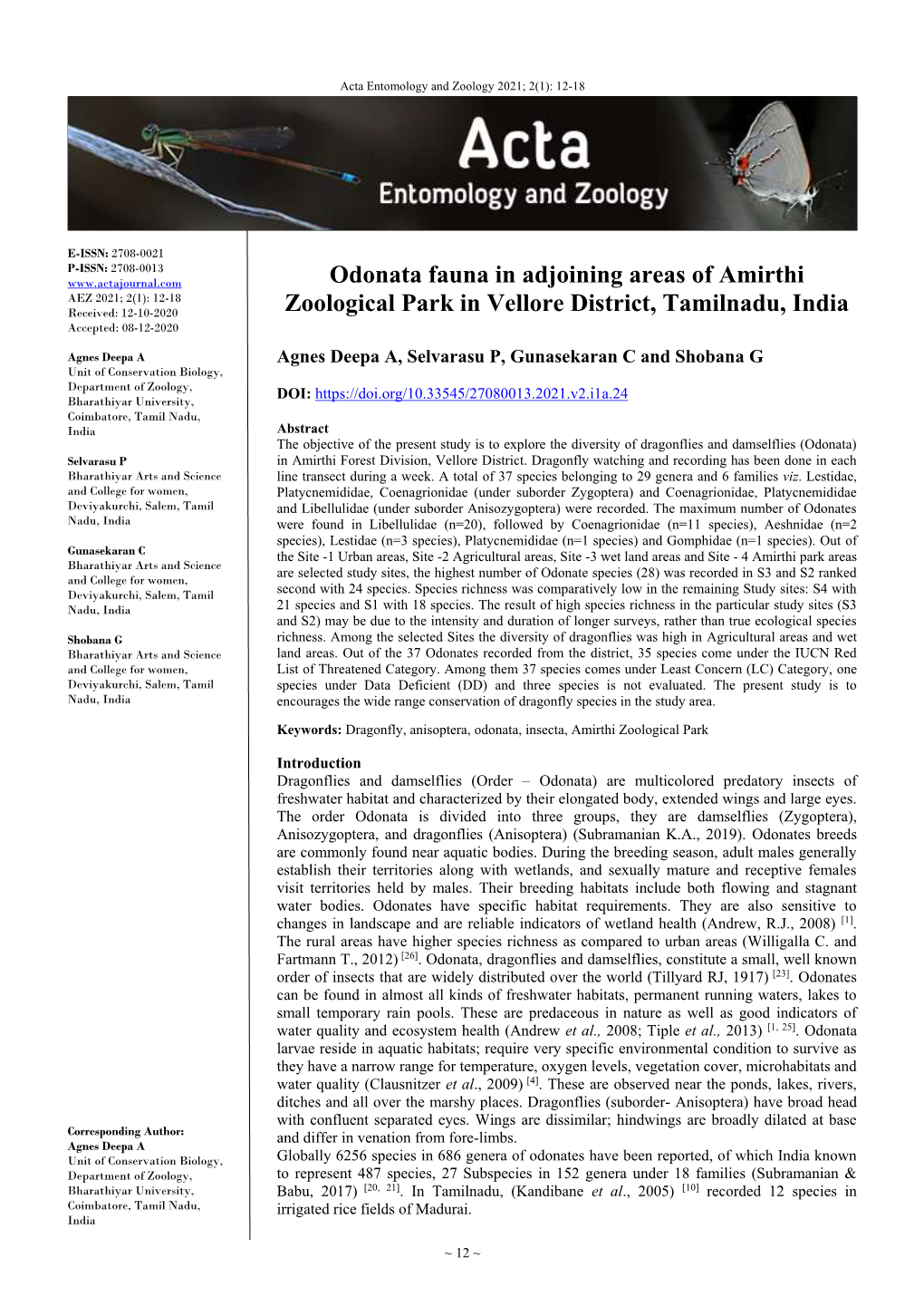 Odonata Fauna in Adjoining Areas of Amirthi Zoological Park in Vellore