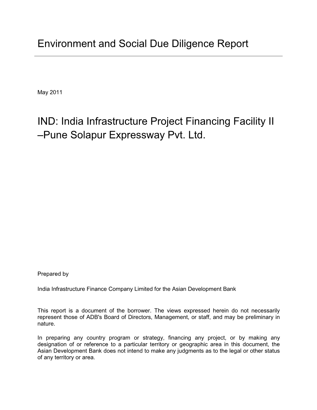 Environment and Social Due Diligence Report IND: India