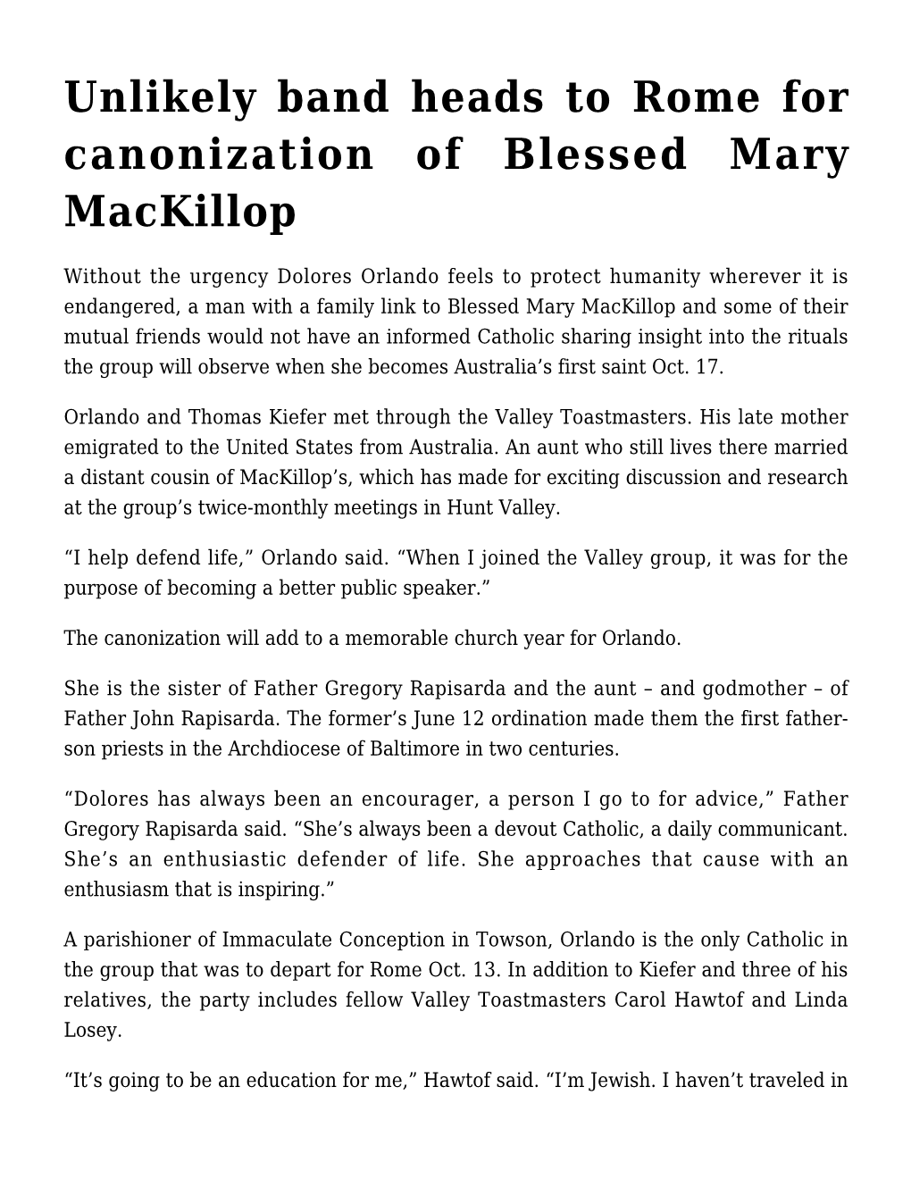 Unlikely Band Heads to Rome for Canonization of Blessed Mary Mackillop
