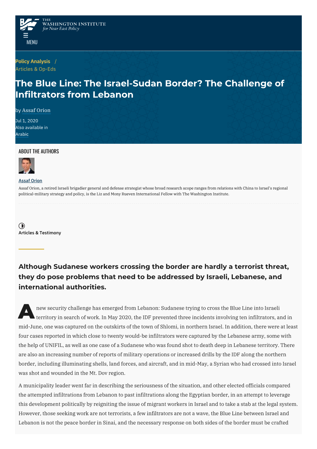 The Blue Line: the Israel-Sudan Border? the Challenge of Infiltrators from Lebanon | the Washington Institute