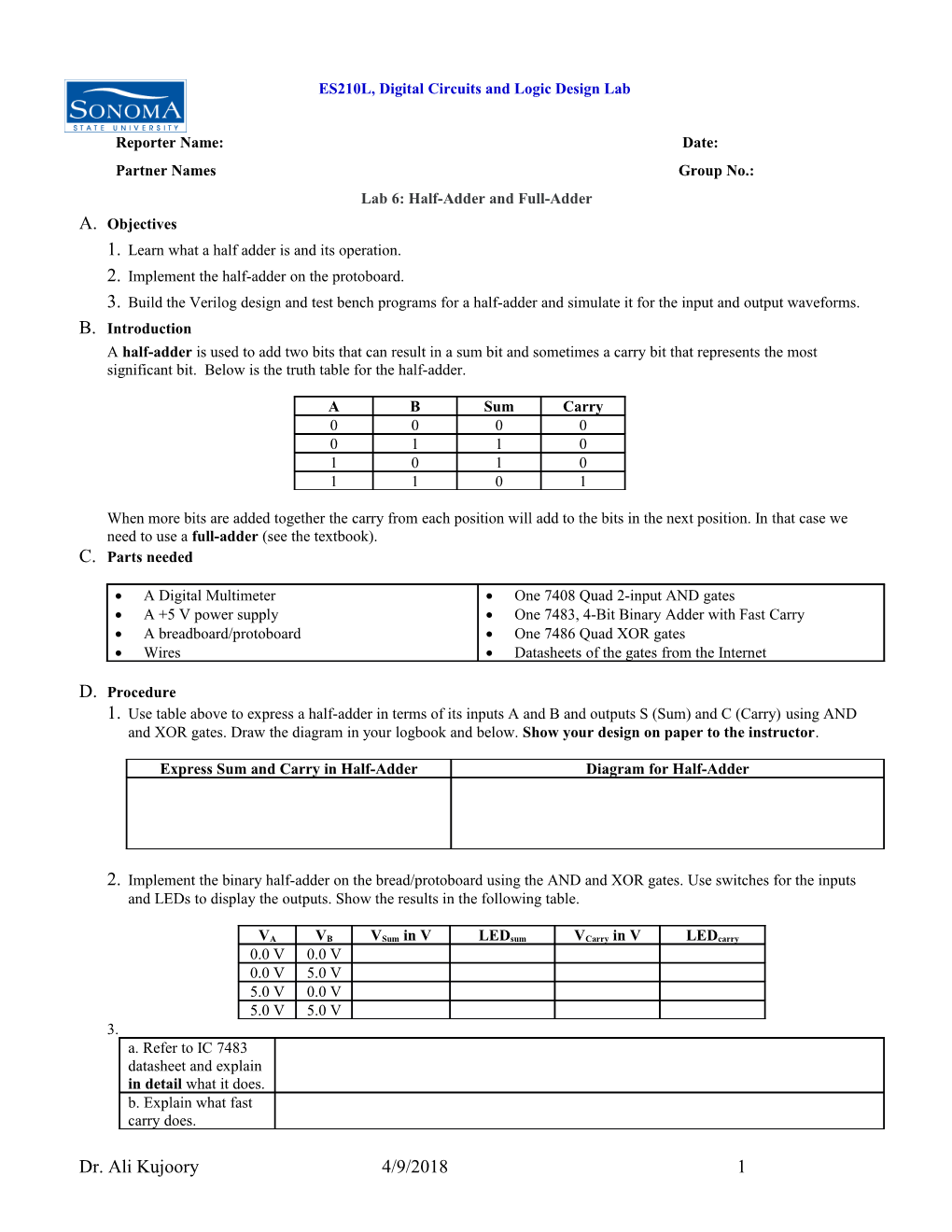 ES210L, Digital Circuits and Logic Design Lab