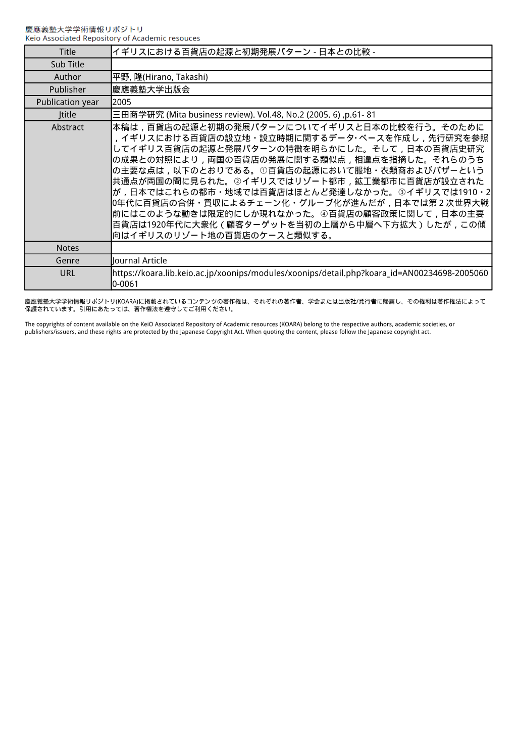 Title イギリスにおける百貨店の起源と初期発展パターン - 日本との比較 - Sub Title Author 平野, 隆(Hirano, Takashi) Publisher 慶應義塾大学出版会 Publication Year 2005 Jtitle 三田商学研究 (Mita Business Review)