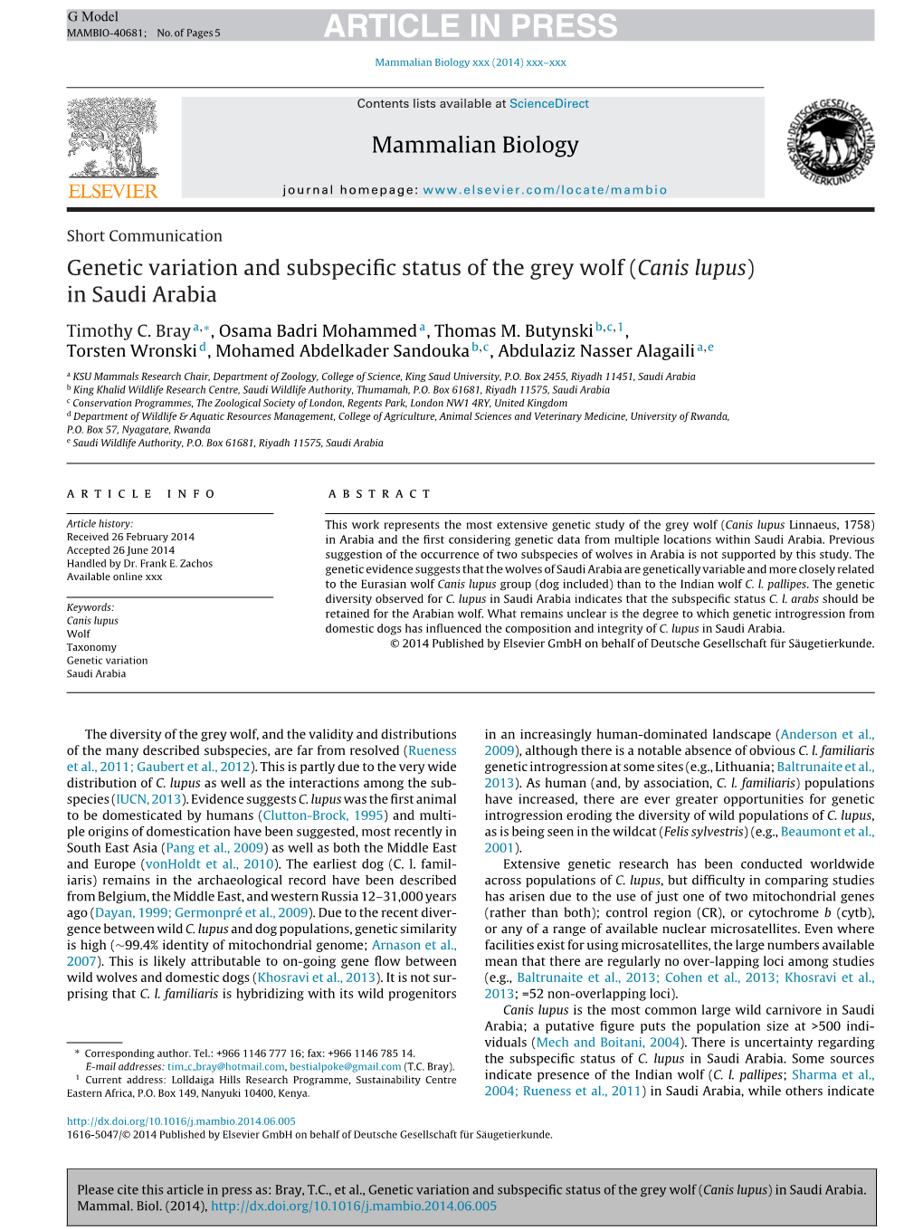 Genetic Variation and Subspecific Status of the Grey Wolf (Canis Lupus