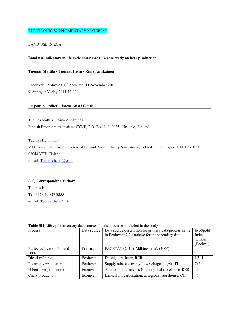 Land Use Indicators in Life Cycle Assessment a Case Study on Beer Production