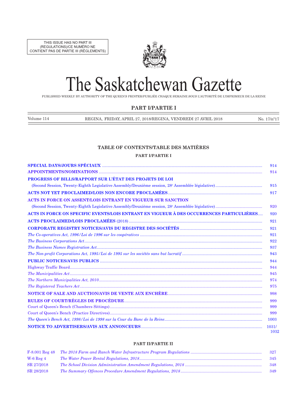 Gazette Part I, April 27, 2018