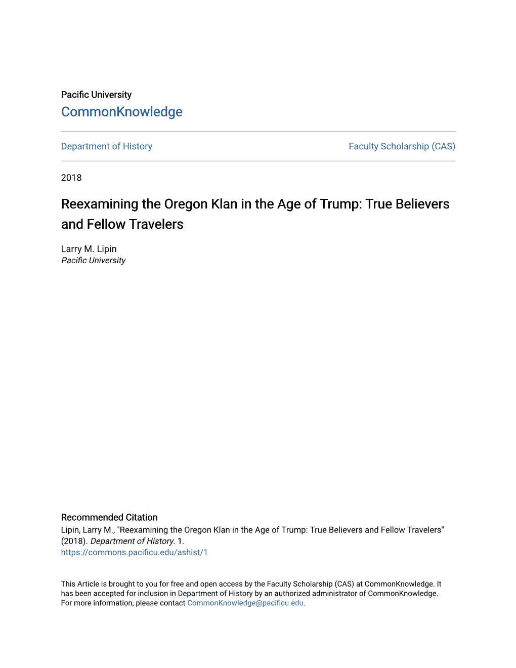 Reexamining the Oregon Klan in the Age of Trump: True Believers and Fellow Travelers