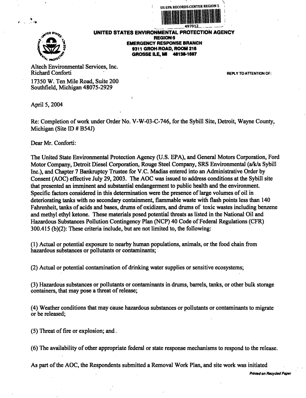 Epa Letter Re: Completion of Work Under Order No. V-W-03-C-746