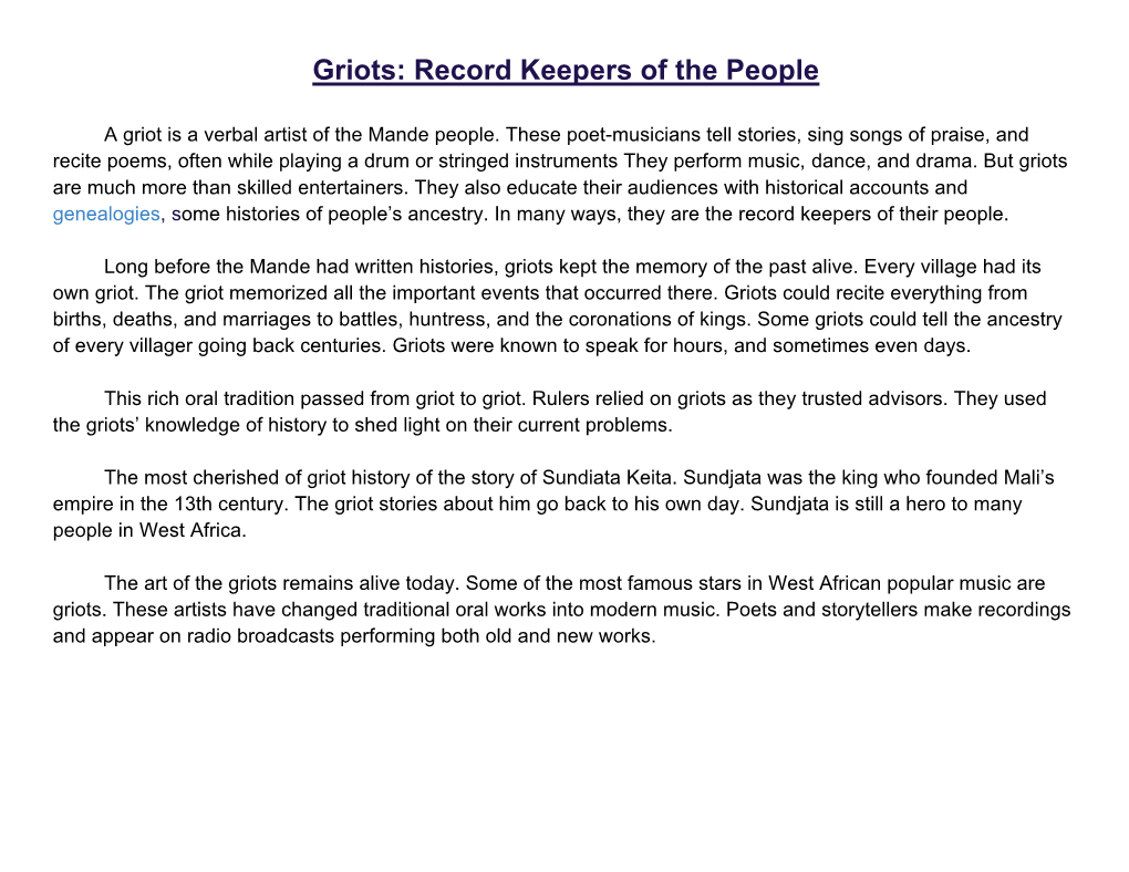 Griots: Record Keepers of the People