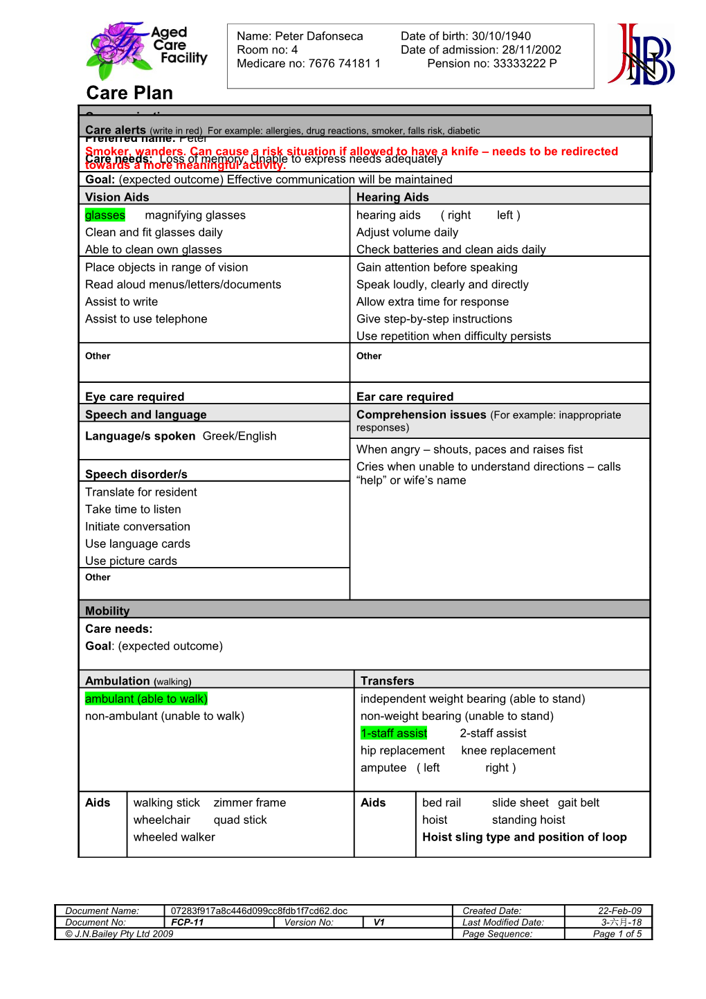 Forms - Care Plan Peter Dafonseca