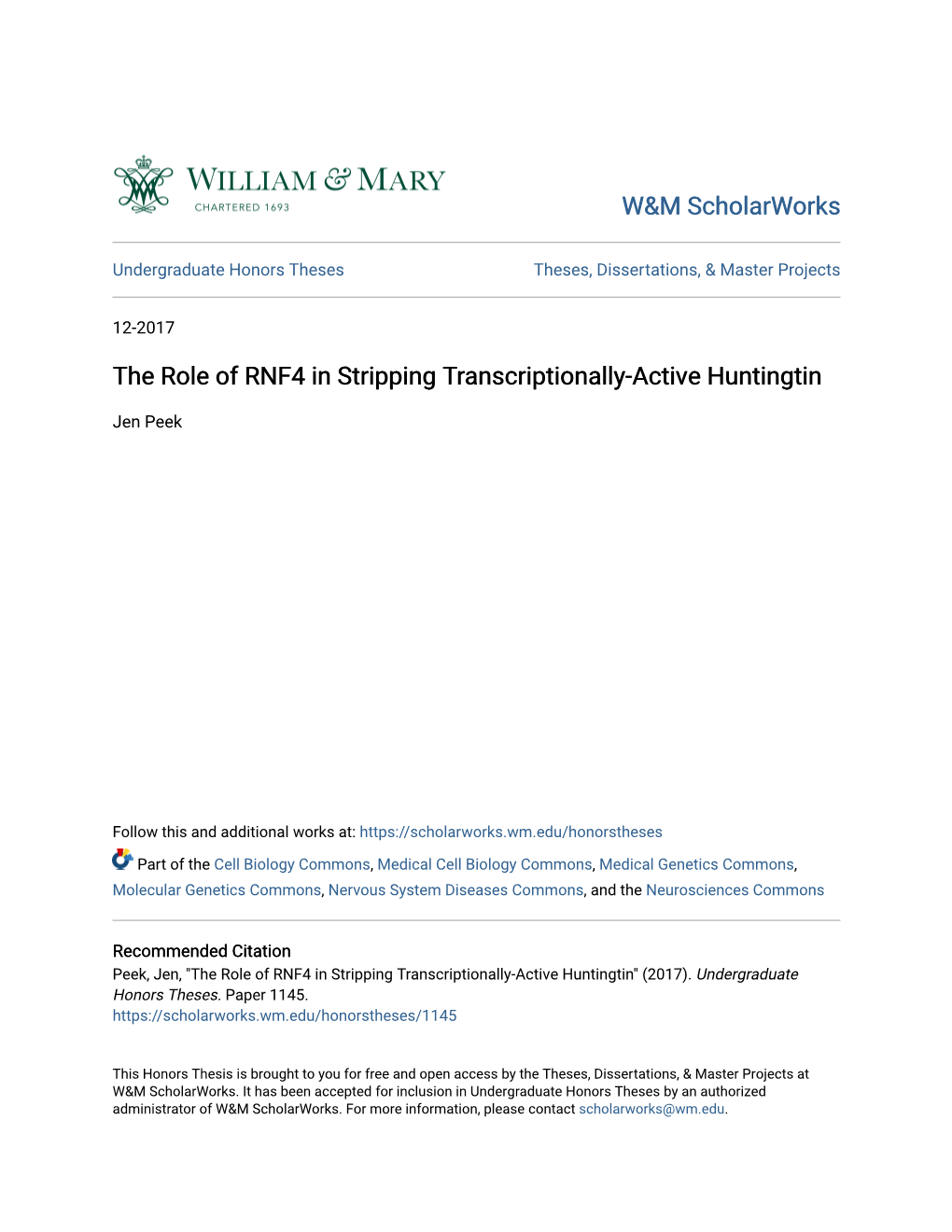 The Role of RNF4 in Stripping Transcriptionally-Active Huntingtin