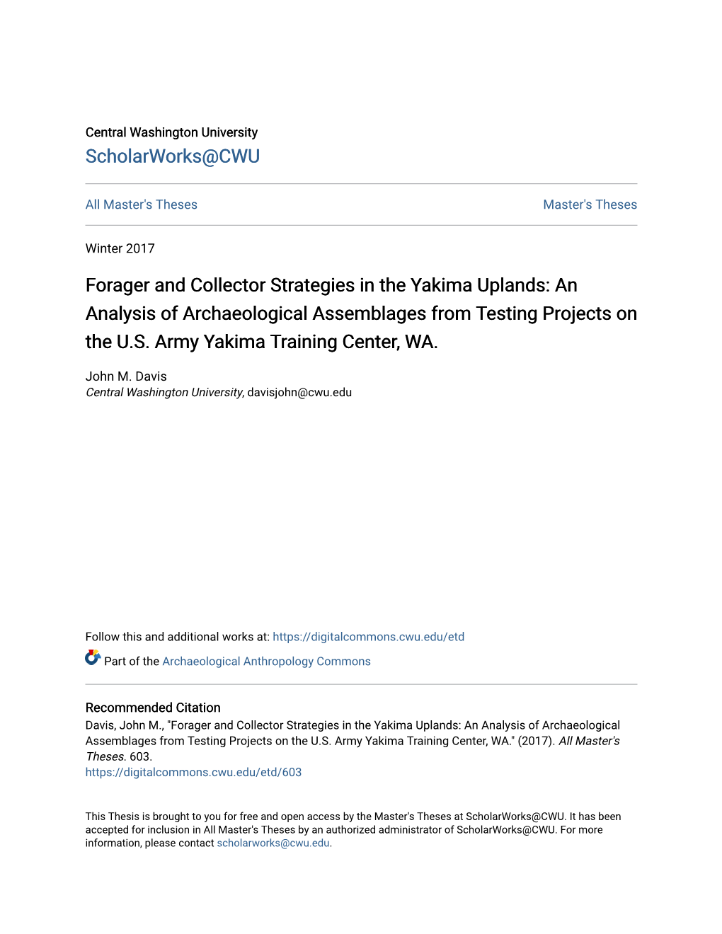 Forager and Collector Strategies in the Yakima Uplands: an Analysis of Archaeological Assemblages from Testing Projects on the U.S