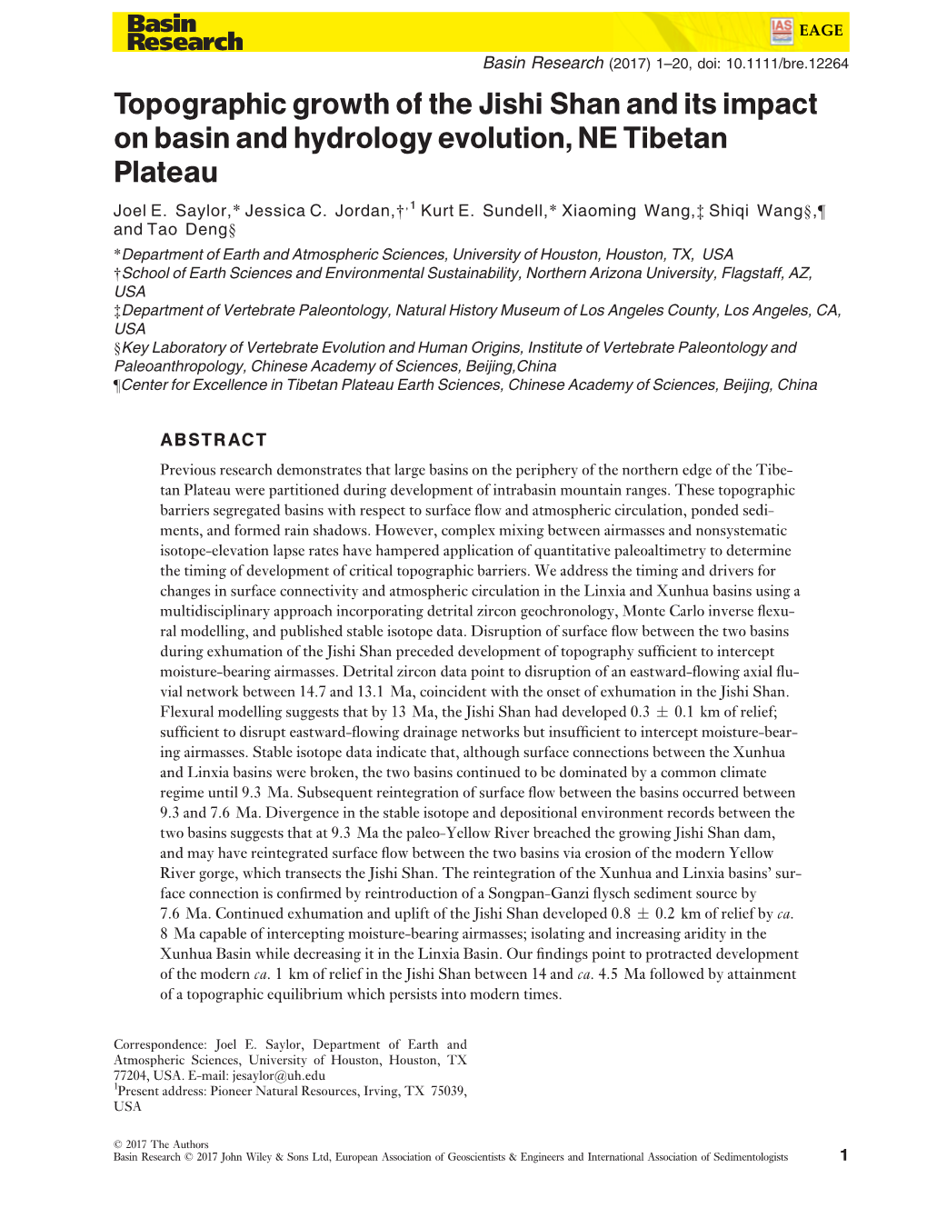 Topographic Growth of the Jishi Shan and Its Impact on Basin and Hydrology Evolution,NE Tibetan Plateau Joel E