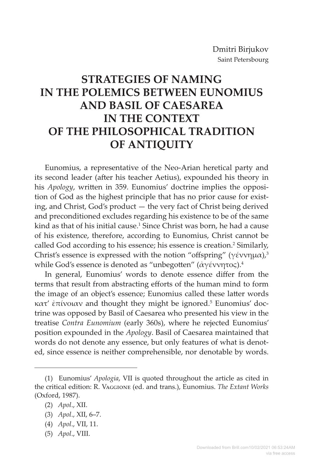 Strategies of Naming in the Polemics Between Eunomius and Basil of Caesarea in the Context of the Philosophical Tradition of Antiquity