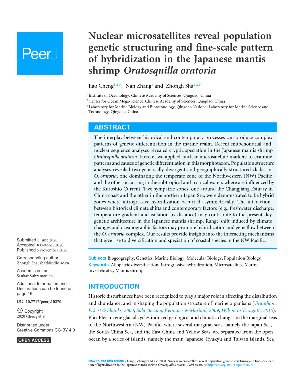 Nuclear Microsatellites Reveal Population Genetic Structuring and Fine-Scale Pattern of Hybridization in the Japanese Mantis Shrimp Oratosquilla Oratoria