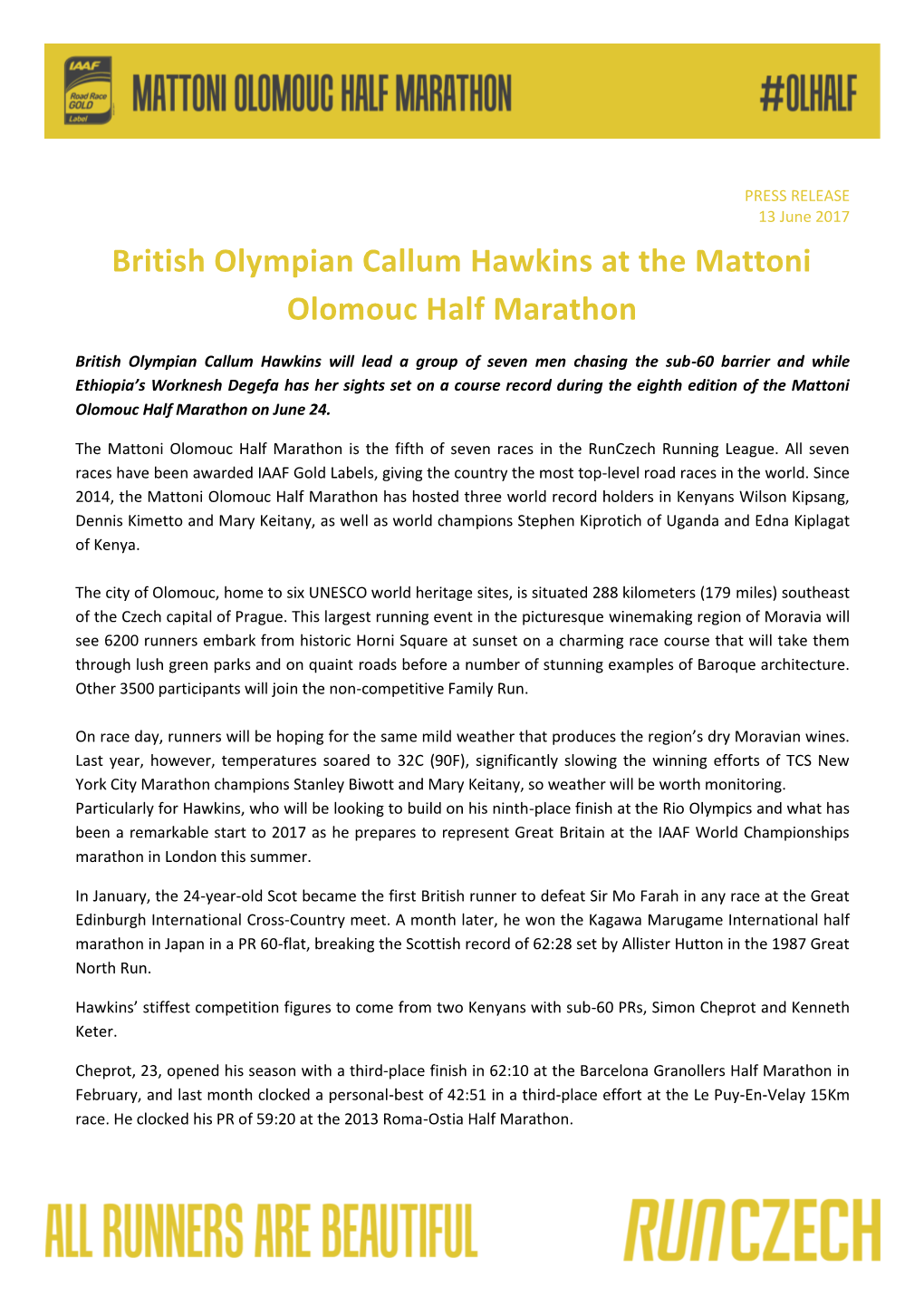 British Olympian Callum Hawkins at the Mattoni Olomouc Half Marathon