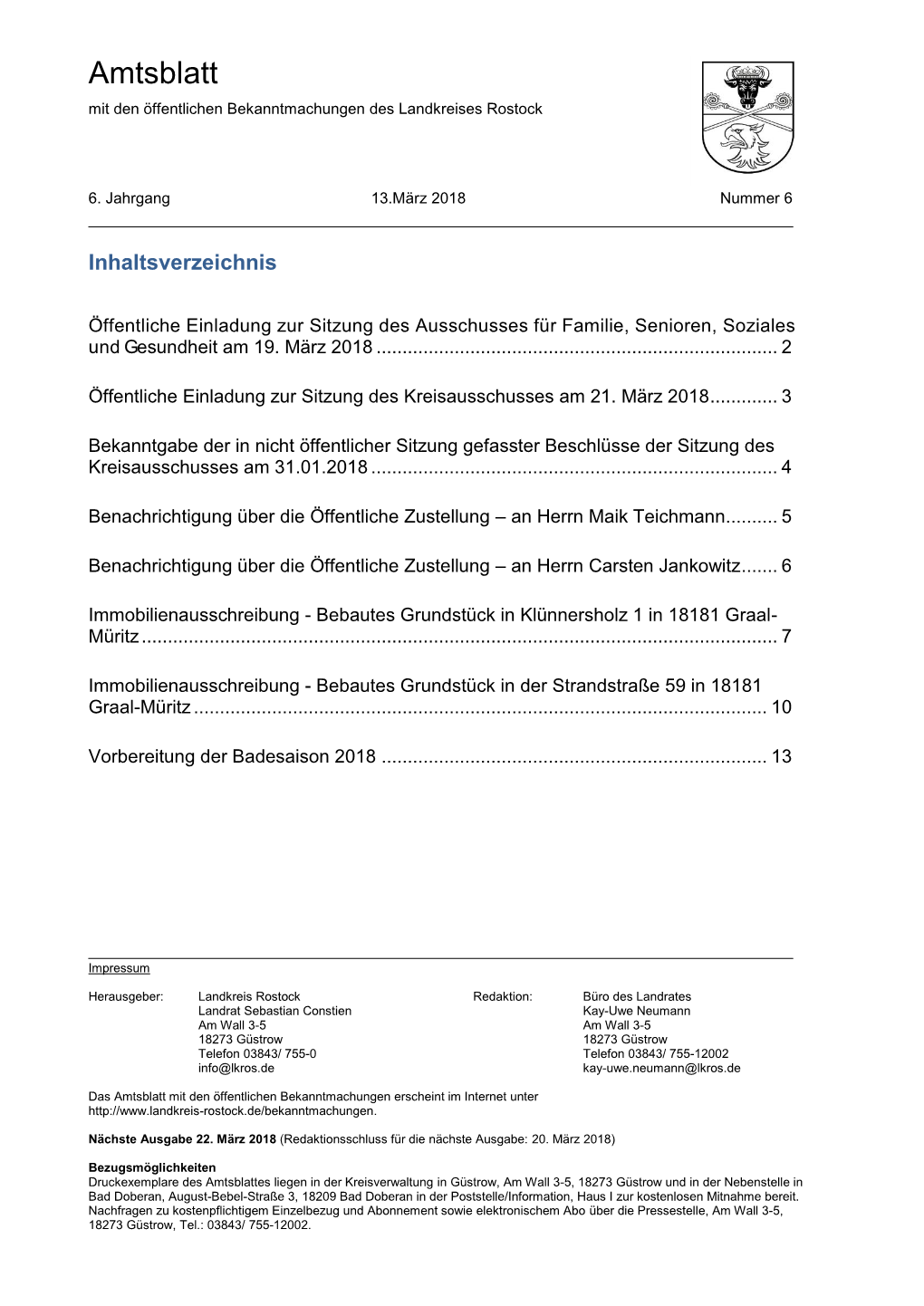 Amtsblatt Mit Den Öffentlichen Bekanntmachungen Des Landkreises Rostock