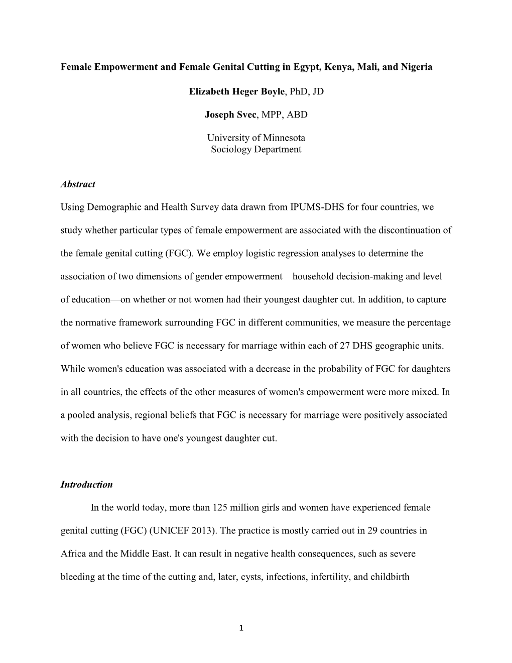 Female Empowerment and Female Genital Cutting in Egypt, Kenya, Mali, and Nigeria