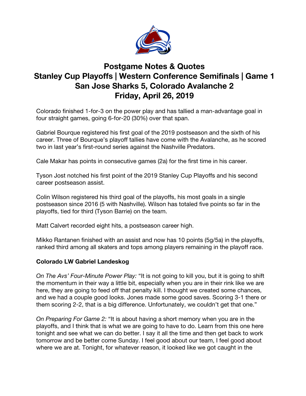 Postgame Notes & Quotes Stanley Cup Playoffs | Western Conference