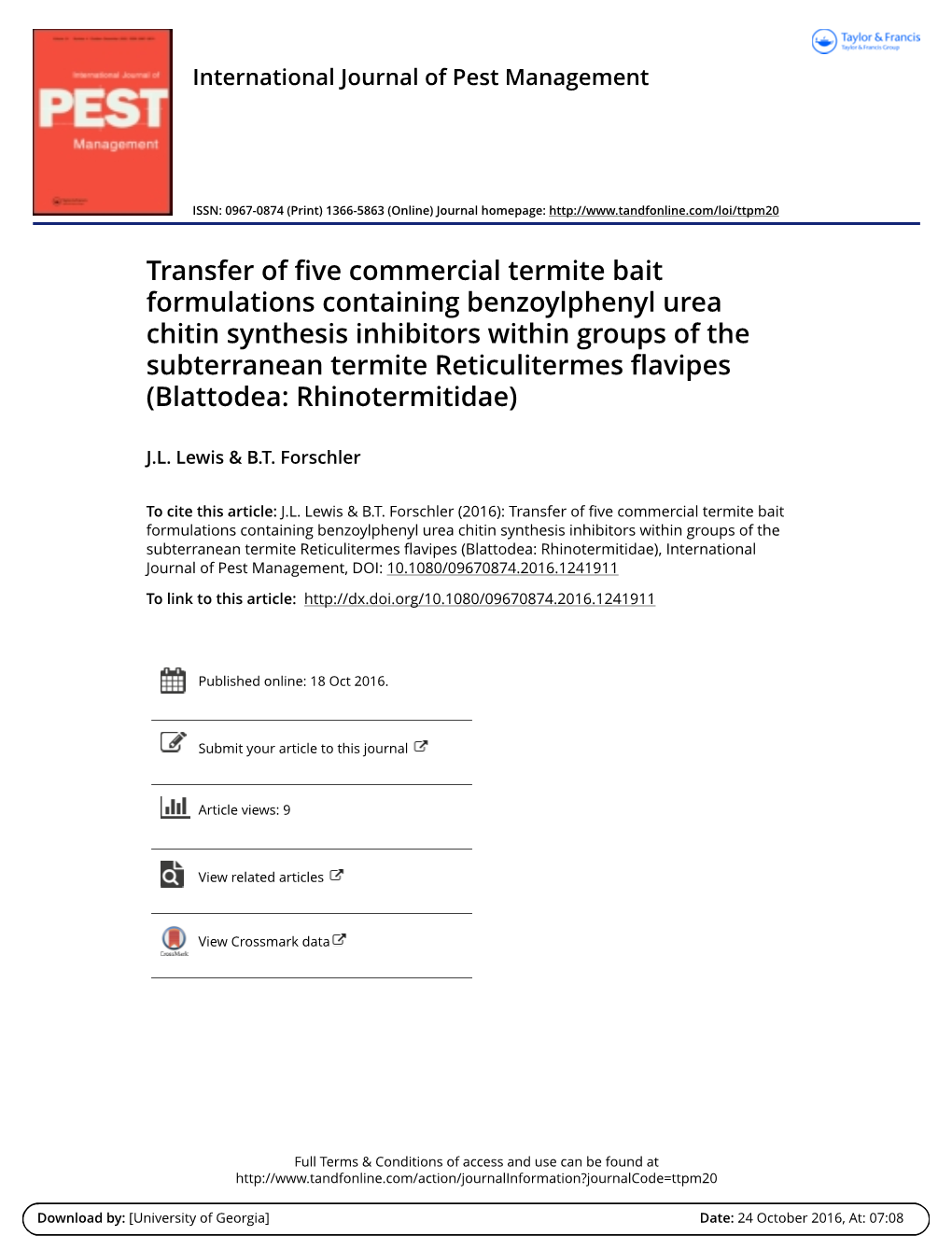 Transfer of Five Commercial Termite Bait Formulations Containing Benzoylphenyl Urea Chitin Synthesis Inhibitors Within Groups Of