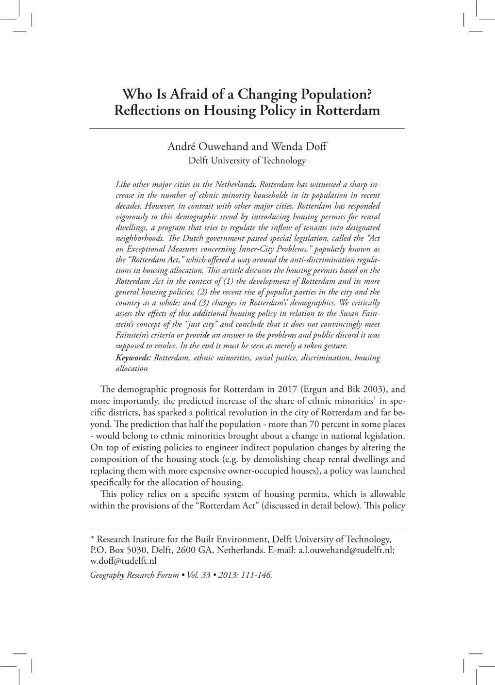 Reflections on Housing Policy in Rotterdam