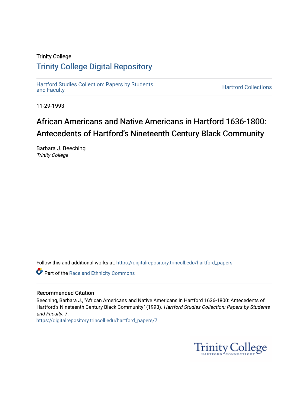 African Americans and Native Americans in Hartford 1636-1800: Antecedents of Hartford’S Nineteenth Century Black Community