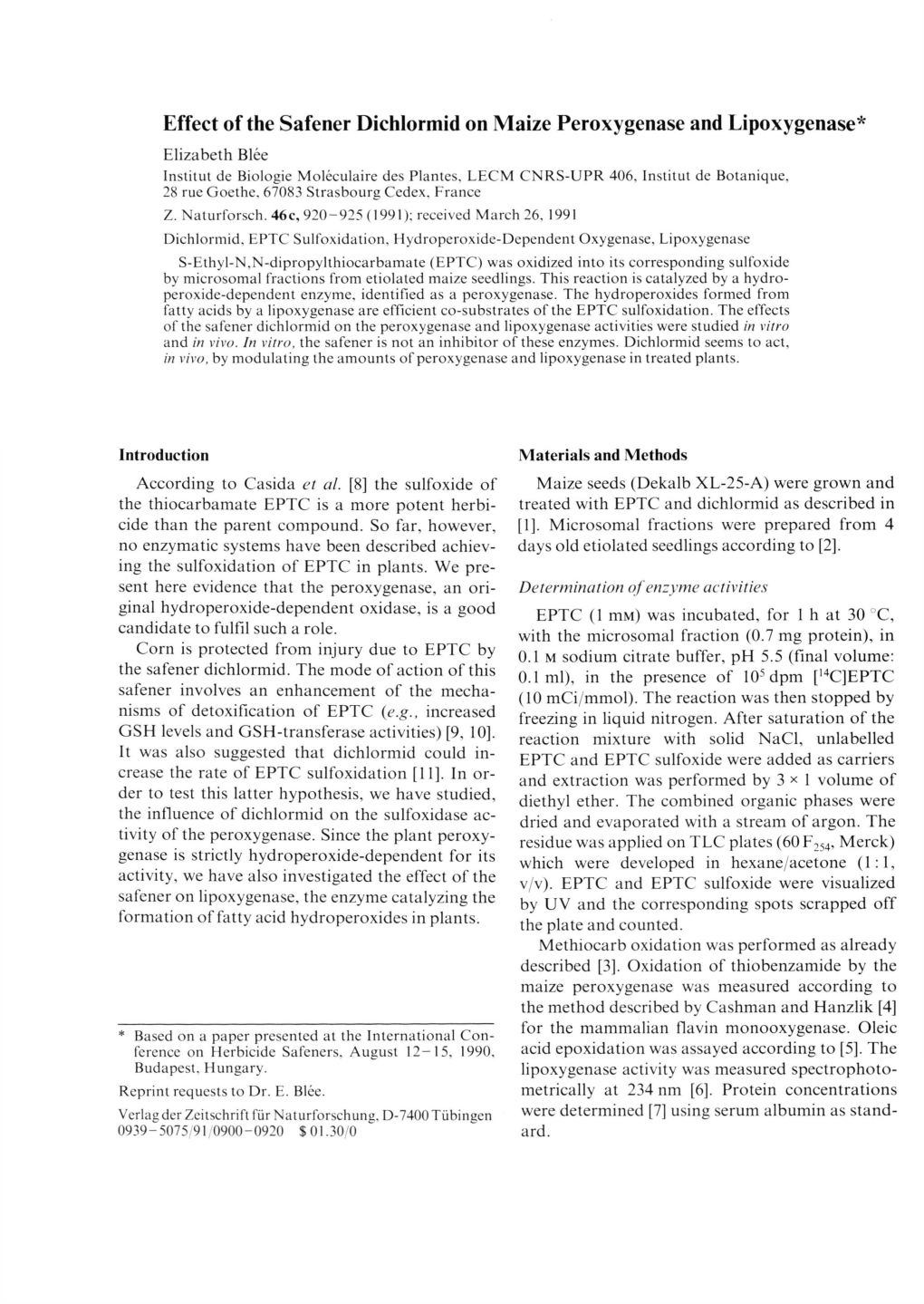 Effect of the Safener Dichlormid on Maize Peroxygenase