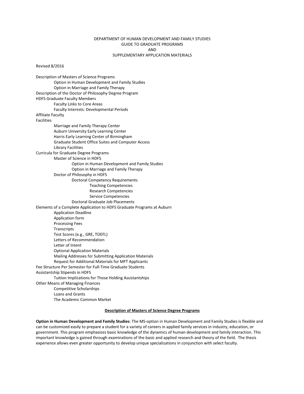 Department of Human Development and Family Studies Guide to Graduate Programs and Supplementary Application Materials