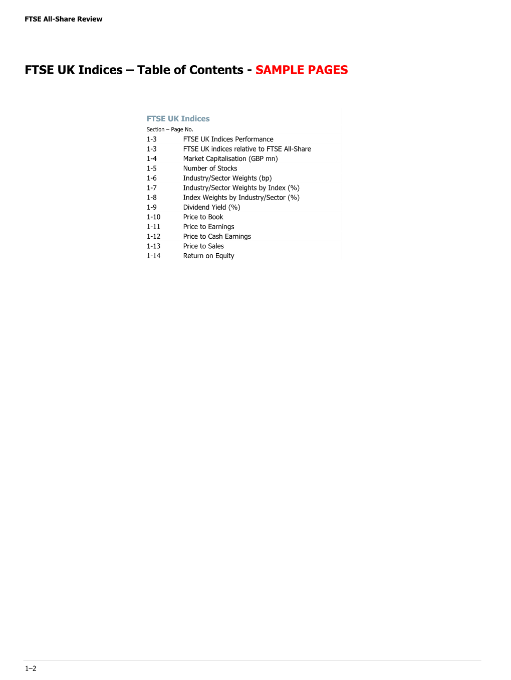 FTSE UK Indices – Table of Contents - SAMPLE PAGES